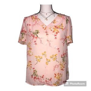 Liz Claiborne V-Neck English Rose Pale Coral Floral Pattern Flowy Blouse NWOT
